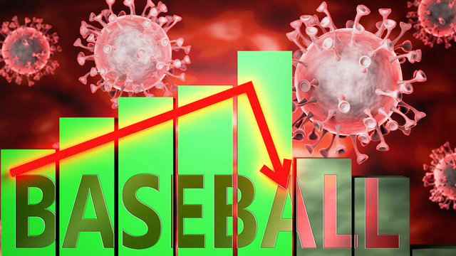 Baseball, Covid-19 virus and economic crisis, symbolized by graph with word Baseball going down to picture that coronavirus affects Baseball and leads to downturn and  recession, 3d illustration