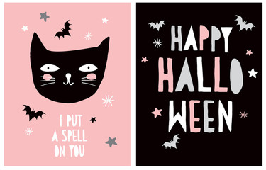 Halloween Vector Decoration for Little Kids. I Put a Spell on You. Hand Drawn Illustration with Black Cat and Flying Bats Isolated on a Pink Background. Handwritten Happy Halloween. 