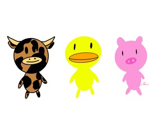 Flat stylized farm animals. Baby cow, baby duck, baby pig. Digital drawing 