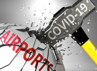 Airports and Covid-19 virus, symbolized by virus destroying word Airports to picture that coronavirus affects Airports and leads to crisis and  recession, 3d illustration