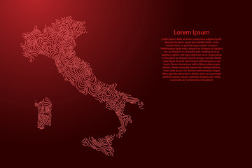 Italy map from red isolines or level line geographic topographic map grid. Vector illustration.