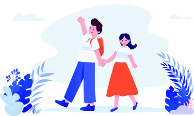 A couple go outing, go out to relax,  go on a trip,Web vector illustration on the theme of Trekking, Hiking, Walking. Sports, outdoor recreation, adventures in nature, vacation. 