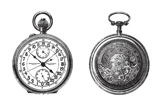  Old pocket watch / vintage illustration from Brockhaus Konversations-Lexikon 1908