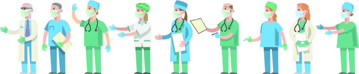 Medical staff: doctors, a man and a woman in a medical uniform with a stethoscope talk to each other. Set of doctors in medical masks. Flat vector illustration.