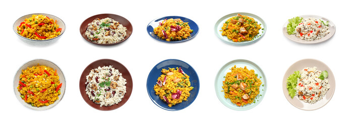 Collage of delicious pilaf with different ingredients on white background. Banner design
