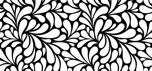 Vector seamless black and white pattern with drops. Monochrome abstract floral background.