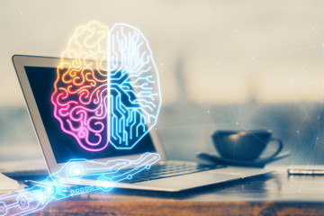 Multi exposure of work space with computer and human brain hologram. Brainstorm concept.