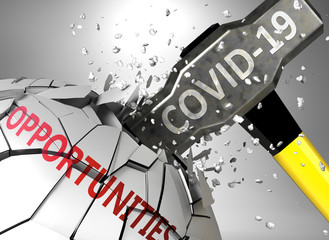 Opportunities and Covid-19 virus, symbolized by virus destroying word Opportunities to picture that coronavirus affects Opportunities and leads to crisis and  recession, 3d illustration