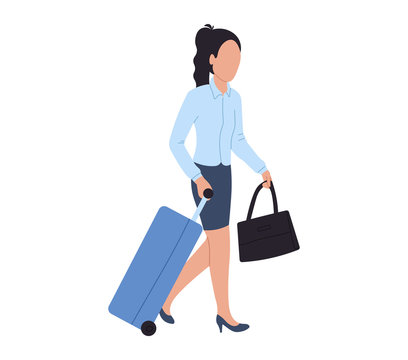 Walking business woman at airport, vector illustration. Character woman with luggage in international airport. Passenger with baggage international and domestic airport. Flat style.