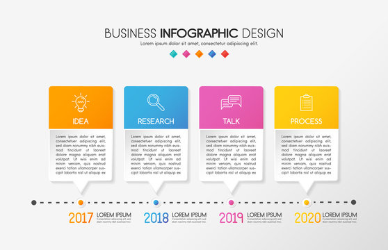 Colourful timeline. Infographic template with 4 options and business icons. Vector