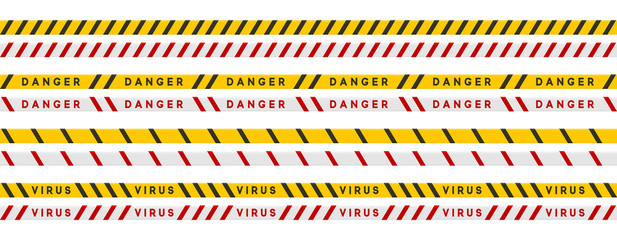 Quarantine tape Covid-19. Set isolated on white background. Warning Stop ribbon Coronavirus danger. vector illustration