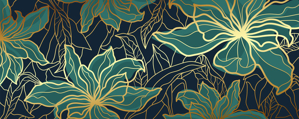 Luxury wallpaper design with Golden floral and natural background. Lotus line arts design for fabric, prints and background texture, Vector illustration. - obrazy, fototapety, plakaty