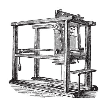 Old weaving loom machine / vintage illustration from Brockhaus Konversations-Lexikon 1908