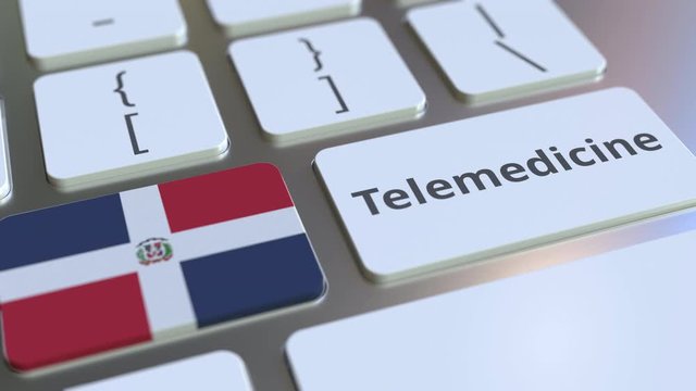 Telemedicine text and flag of the Dominican Republic on the computer keyboard. Remote medical services related conceptual 3D animation