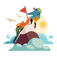 Climbing a mountain, two male characters conquered the top of mountain, vector illustration, isolated on white background. Men characters, outdoor camping concept and wildlife. Colorful flat style.