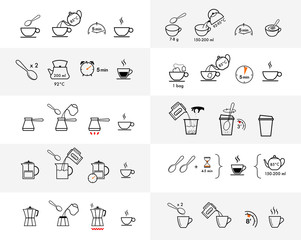 Set of methods of brewing tea and coffee. Preparation instructions. Vector elements for infographics. Set of sign for detailed guideline. Ready for your design.