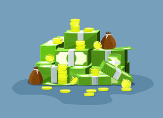 Pile of money: stacks of golden coins and packs of dollar bills