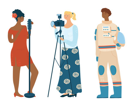 Singer, photographer, cosmonaut, concept different profession vector illustration, isolated on white background. Characters male and female different occupation icon. Cartoon style.