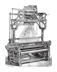 Old weaving loom machine / vintage illustration from Brockhaus Konversations-Lexikon 1908