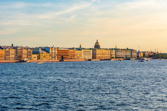 Palace (Dvortsovaya) embankment with St. Isaac's Cathedral dome at background, Saint Petersburg, Russia