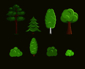 Cartoon trees vector set: pine, birch, Christmas tree, oak, and bushes.