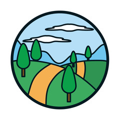 Trees road and clouds line and fill style icon vector design