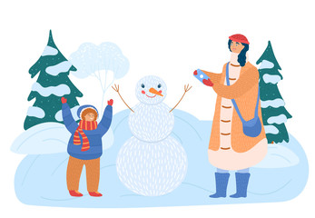 Mother and daughter make snowman, christmas time concept and vector illustration, isolated on white background. Characters girl, woman in winter park with show and xmax fir. Cartoon style.
