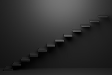 Ascending black stairs in black room abstract 3D illustration