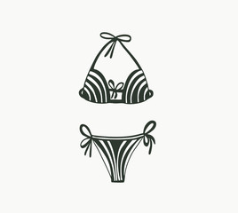 Monochrome, striped black and white split swimsuit with laces. Drawn in flat style. Body isolated vector.