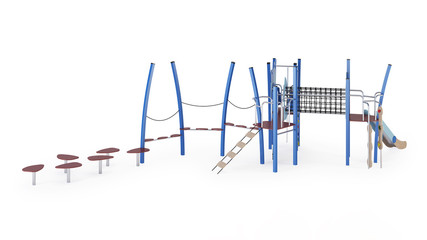 Modern children's game complex on a white background. Gaming equipment with a slide, stairs and towers for placement in the courtyards. Close-up. Clipping path included. 3D rendering.