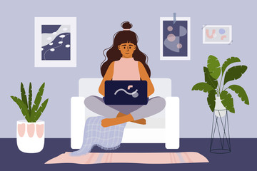 Stay and work from home concept. Coronavirus pandemic, quarantine or isolation. Cute girl sitting on sofa and working on laptop. Vector illustration of young freelancer woman in comfortable workplace.