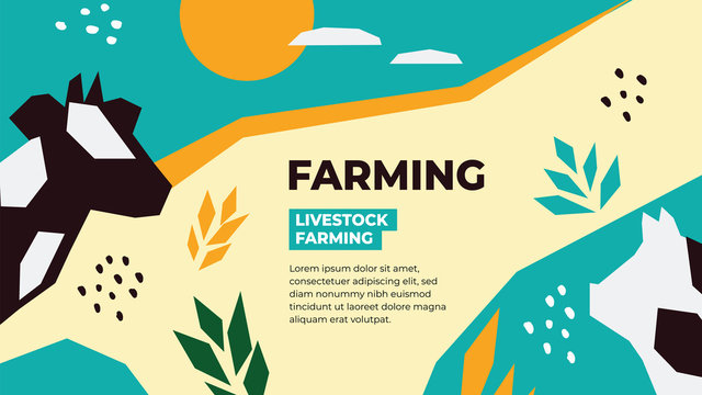 Abstract background for livestock farming company with symbols of cow and pig. Cartoon vector illustration of farm land and domestic animals. Design template for banner, flyer, brochure, poster, web.