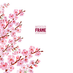 Watercolor frame with branches and cherry blossoms