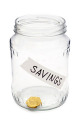 glass jar for savings with one coin inside isolated on white background
