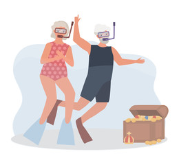 Old male and female practice sea, scuba diving concept, vector illustration on white background. Older people do exercises, activities elderly character, sporty time for old people. Simple flat style.