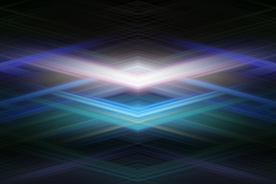 Bright intercrossing arrow shaped rays of light forming complex geometrical structures abstract texture/background.