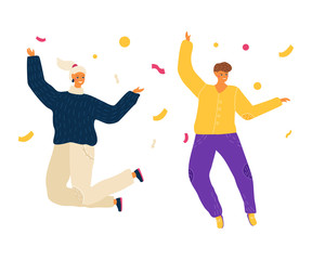 Fototapeta na wymiar Happy jumping people, woman celebrating victory concept and vector illustration on white background. Female characters jump with cup, confetti after winning the competition. Simple flat style.