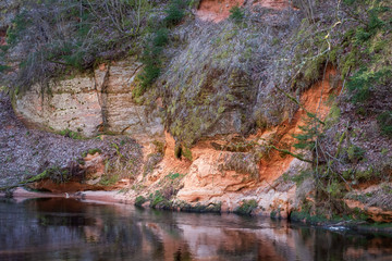 Sandstone rock wall at river with forest, rock reflection in river water,  Gauja national park, Latvia. River Brasla - 332882157