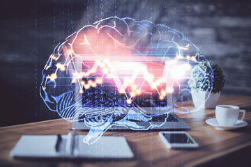 Double exposure of work table with computer and brain sketch hologram. Brainstorming concept.