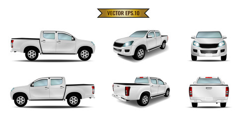 Car pickup mockup realistic white isolated on the background. Ready to apply to your design. Vector illustration. - obrazy, fototapety, plakaty