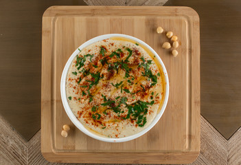Hummus traditional arabic food from chickpea.  illustration of vegetarian vegan meal