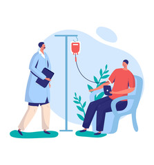 Man sit with dropper, doctor research analysis, male, female character concept and flat vector illustration on white background. Design for web, monitoring disease, hospital observation, blood test.