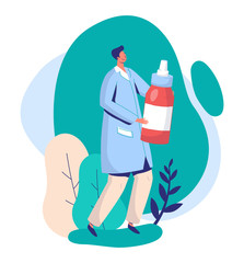 Man doctor with syrup bottle, doctor research analysis, male characters concept and flat vector illustration on white background. Design medical examination, observation.
