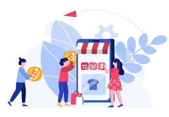 People pay online in internet, store and mart concept and vector illustration on white background. Modern way to purchase in shop. Male and female characters with gold coins. Flat style.