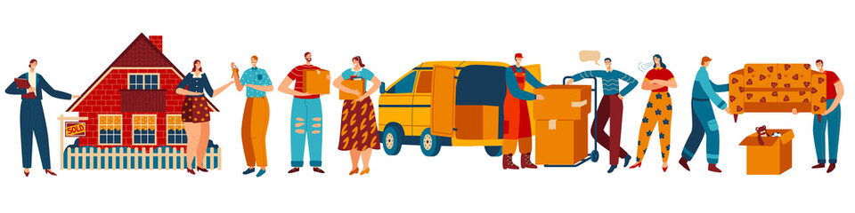 Happy people moving to new house, isolated cartoon characters, vector illustration. Couple buying new house, furniture delivery, real estate agency. People carrying boxes, couple relocating