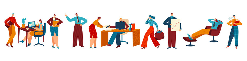 People working in office, business employee cartoon character, vector illustration. Different situations at work, angry boss, successful manager, helpful secretary. Isolated cartoon characters office