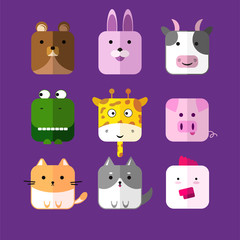 Set of cute cartoon animals head square shape. Bear, rabbit, cow, dinosaur, giraffe, pig, cat, dog, chicken