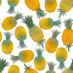 Fototapeta premium Yellow and green Pineapple fruits illustration seamless pattern, watercolor painting, die cut isolated with clipping path on white background, element for fabric textile printed and wallpaper texture