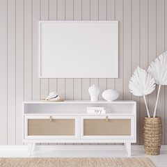 Mock up frame in coastal home interior background, room with natural wooden furniture and dry plants, 3d render