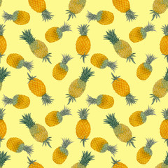 Yellow and green Pineapple fruits illustration seamless pattern, watercolor painting, die cut isolated with clipping path on yellow background, element for fabric textile printed and wallpaper texture